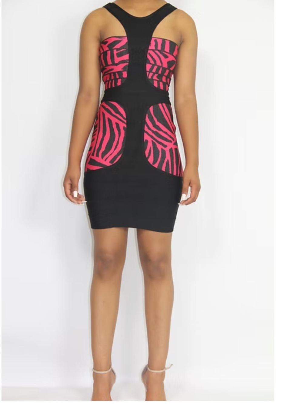 HERVE LEGER Sleeveless Black Bodycon Dress with Pink Zebra Panels KITTY